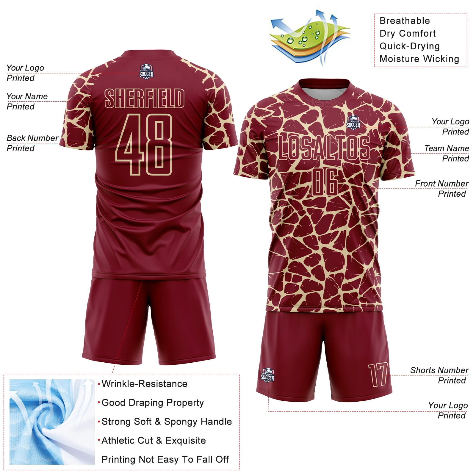 Custom Crimson Cream Abstract Network Splash Sublimation Soccer Uniform Jersey - Image 4