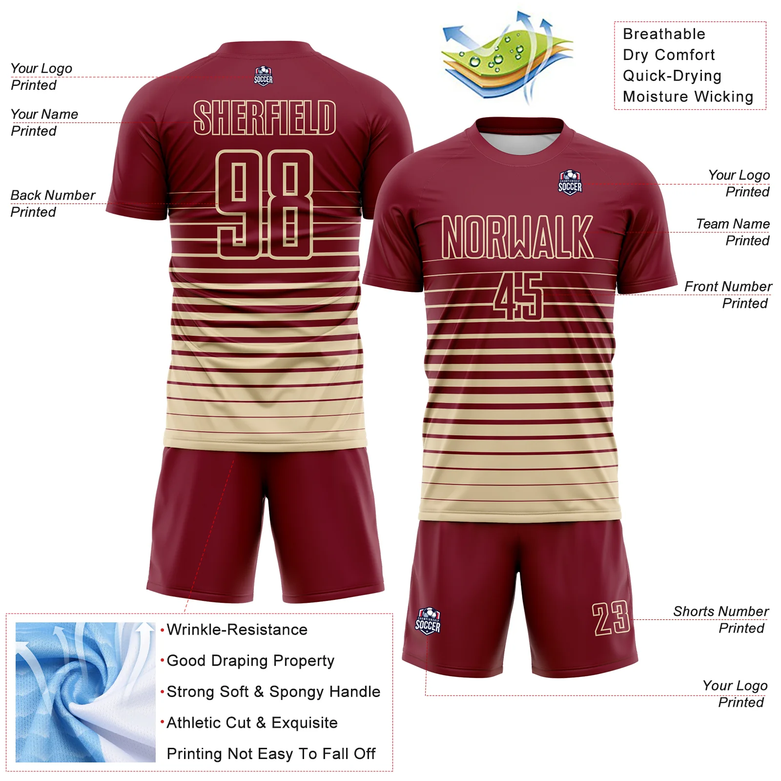Custom Crimson Cream Gradient Pinstripe Sublimation Soccer Uniform Jersey - Image 4