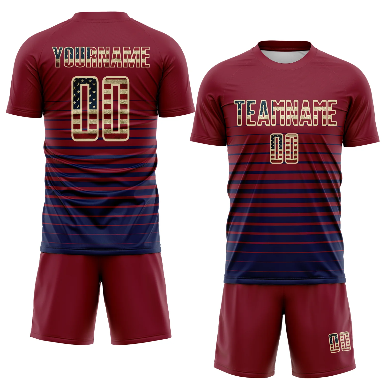 Custom Crimson Vintage USA Flag Cream-Navy Gradient Pinstripe Sublimation Soccer Uniform Jersey - Image 2