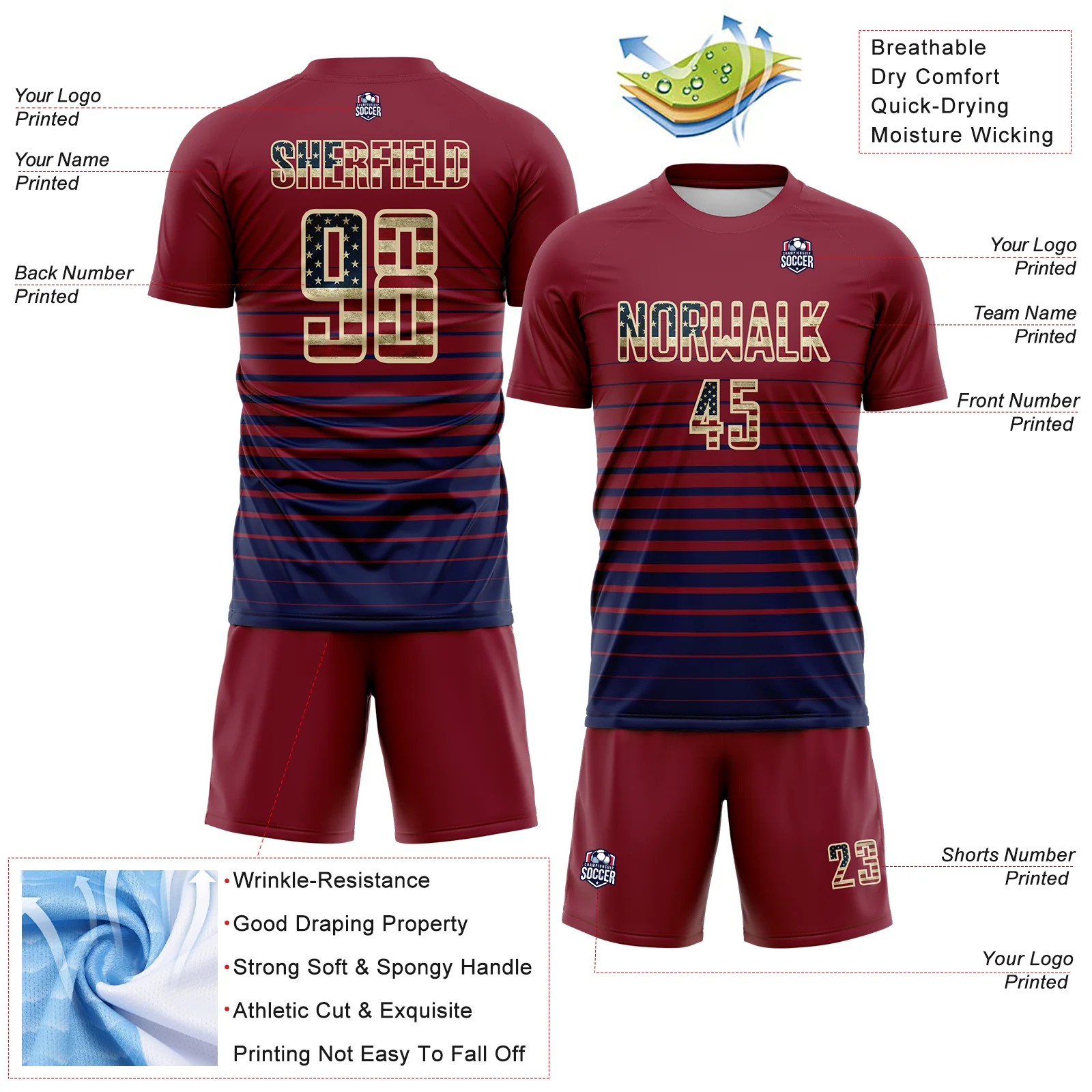 Custom Crimson Vintage USA Flag Cream-Navy Gradient Pinstripe Sublimation Soccer Uniform Jersey - Image 4