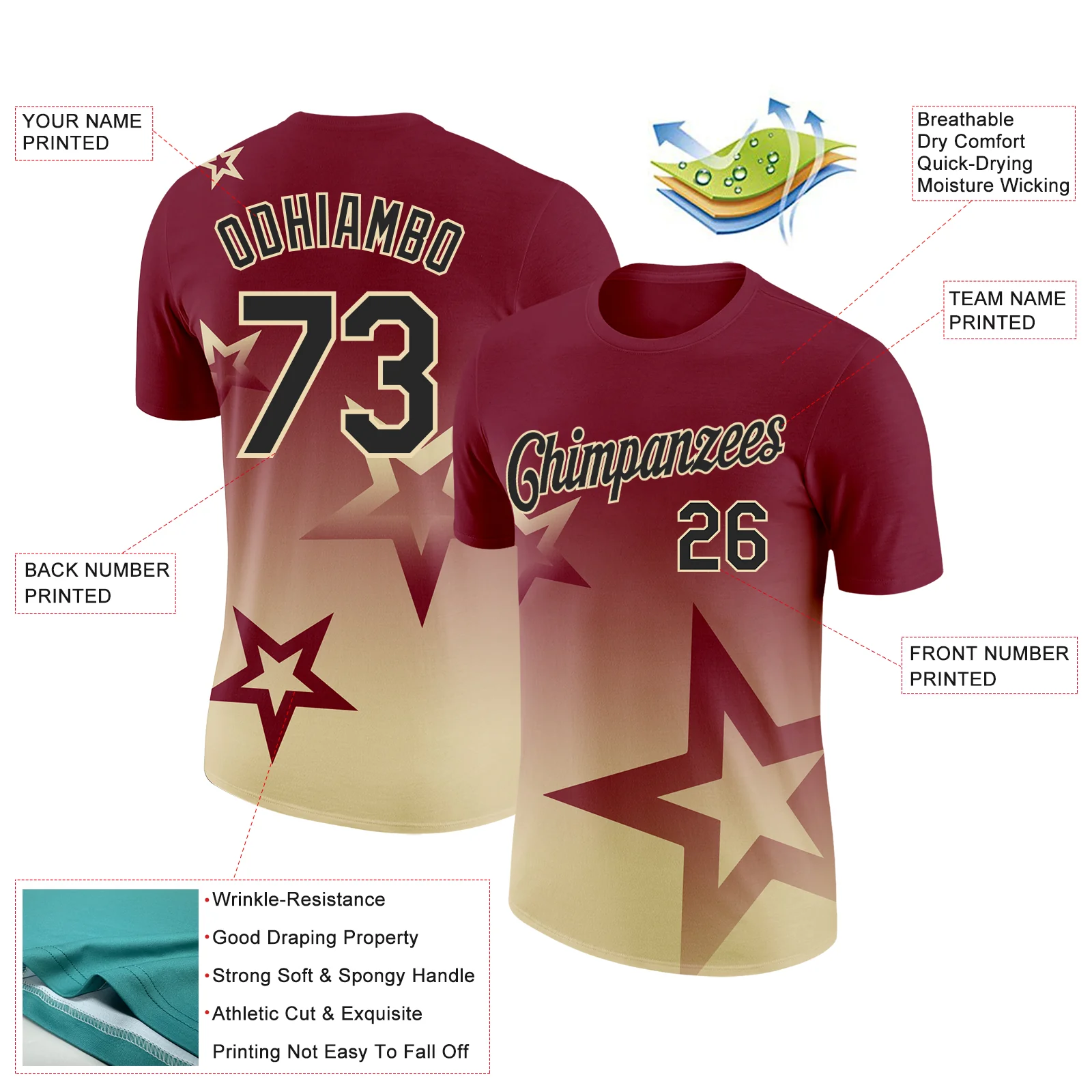 Custom Crimson Black-Cream 3D Pattern Design Gradient Style Twinkle Star Performance T-Shirt - Image 2
