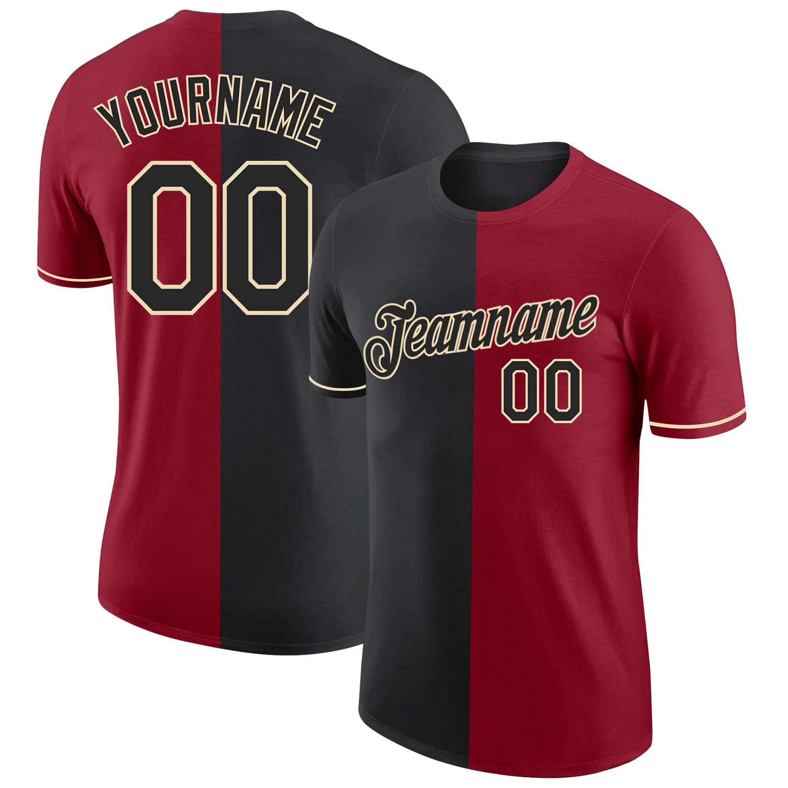 Custom Crimson Black-Cream Split Fashion Performance T-Shirt