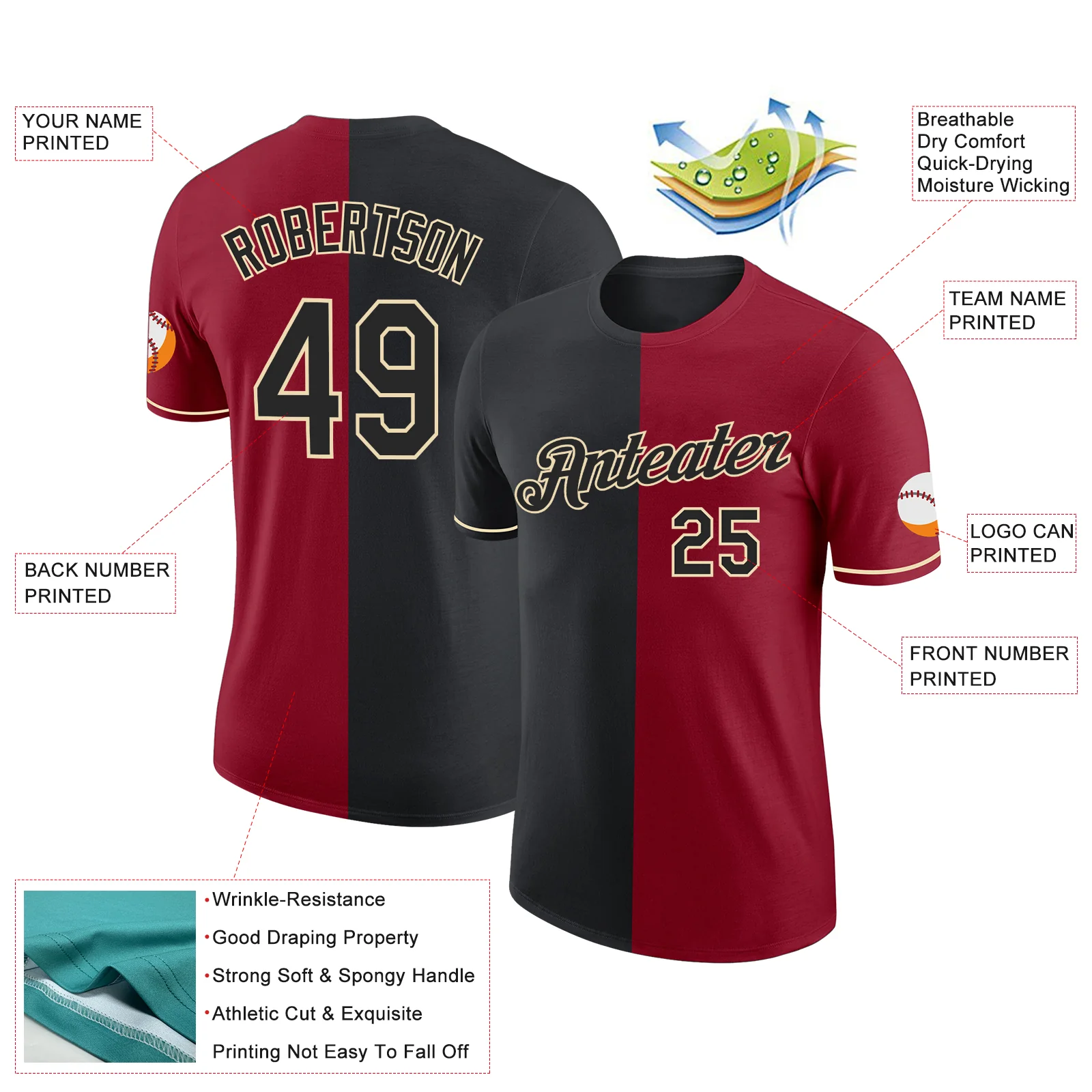 Custom Crimson Black-Cream Split Fashion Performance T-Shirt - Image 2