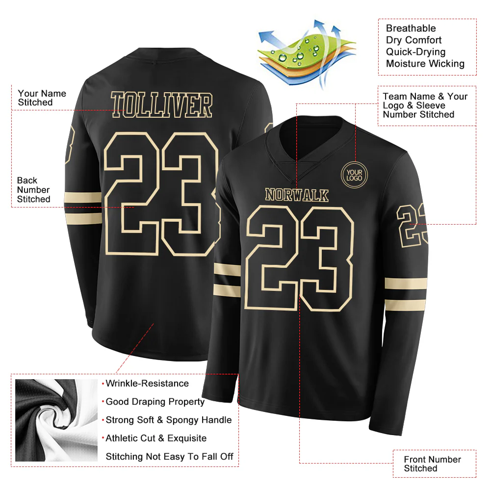 Custom Black Cream Long Sleeve Authentic Football Jersey - Image 2