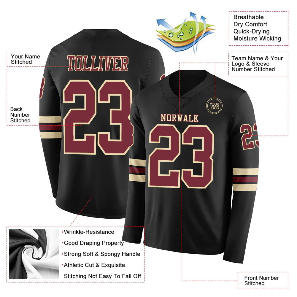 Custom Black Burgundy-Cream Long Sleeve Authentic Football Jersey - Image 2