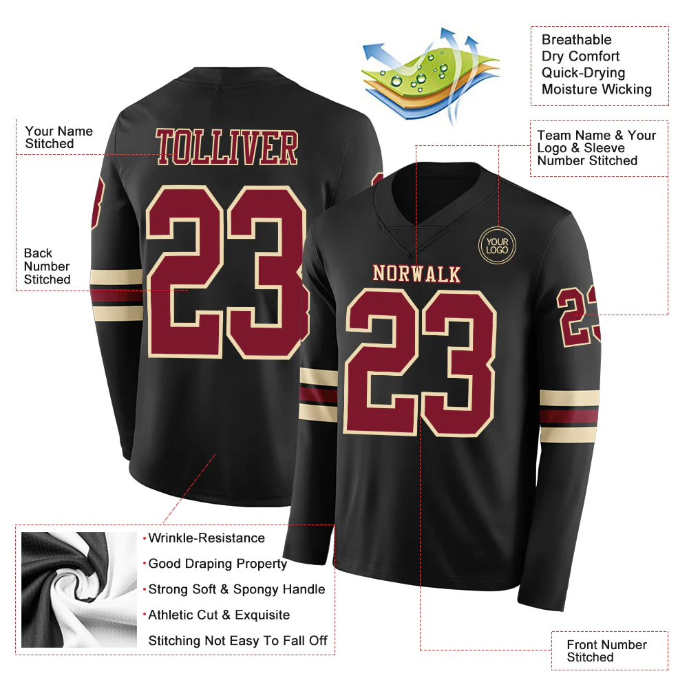 Custom Black Crimson-Cream Long Sleeve Authentic Football Jersey - Image 2
