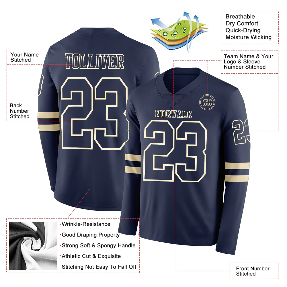 Custom Navy Cream Long Sleeve Authentic Football Jersey - Image 2