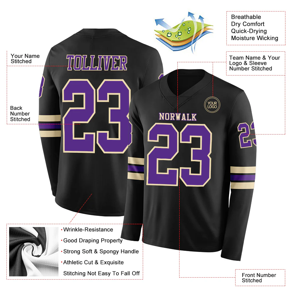 Custom Black Purple-Cream Long Sleeve Authentic Football Jersey - Image 2