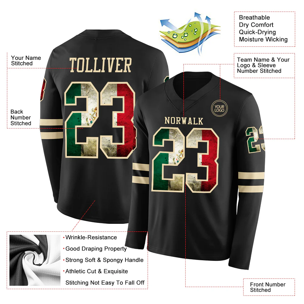Custom Black Vintage Mexican Flag-Cream Long Sleeve Authentic Football Jersey - Image 2