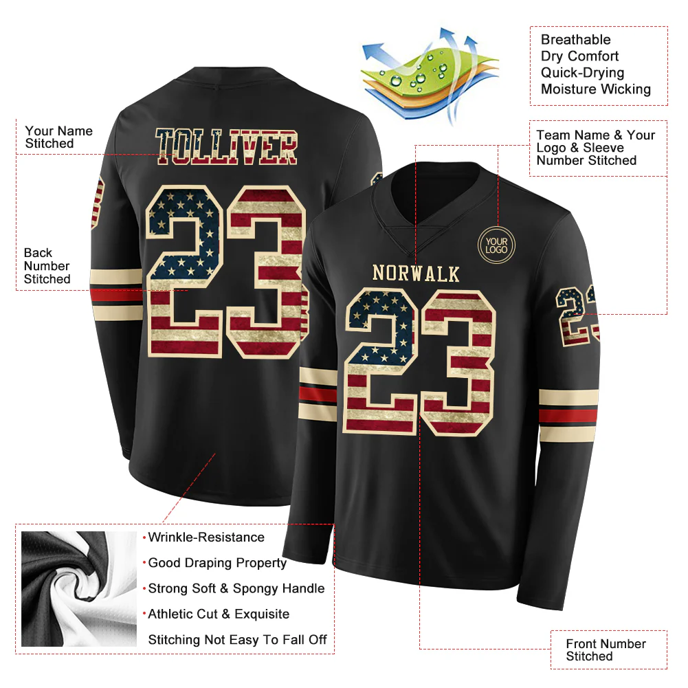Custom Black Vintage USA Flag Cream-Red Long Sleeve Authentic Football Jersey - Image 2