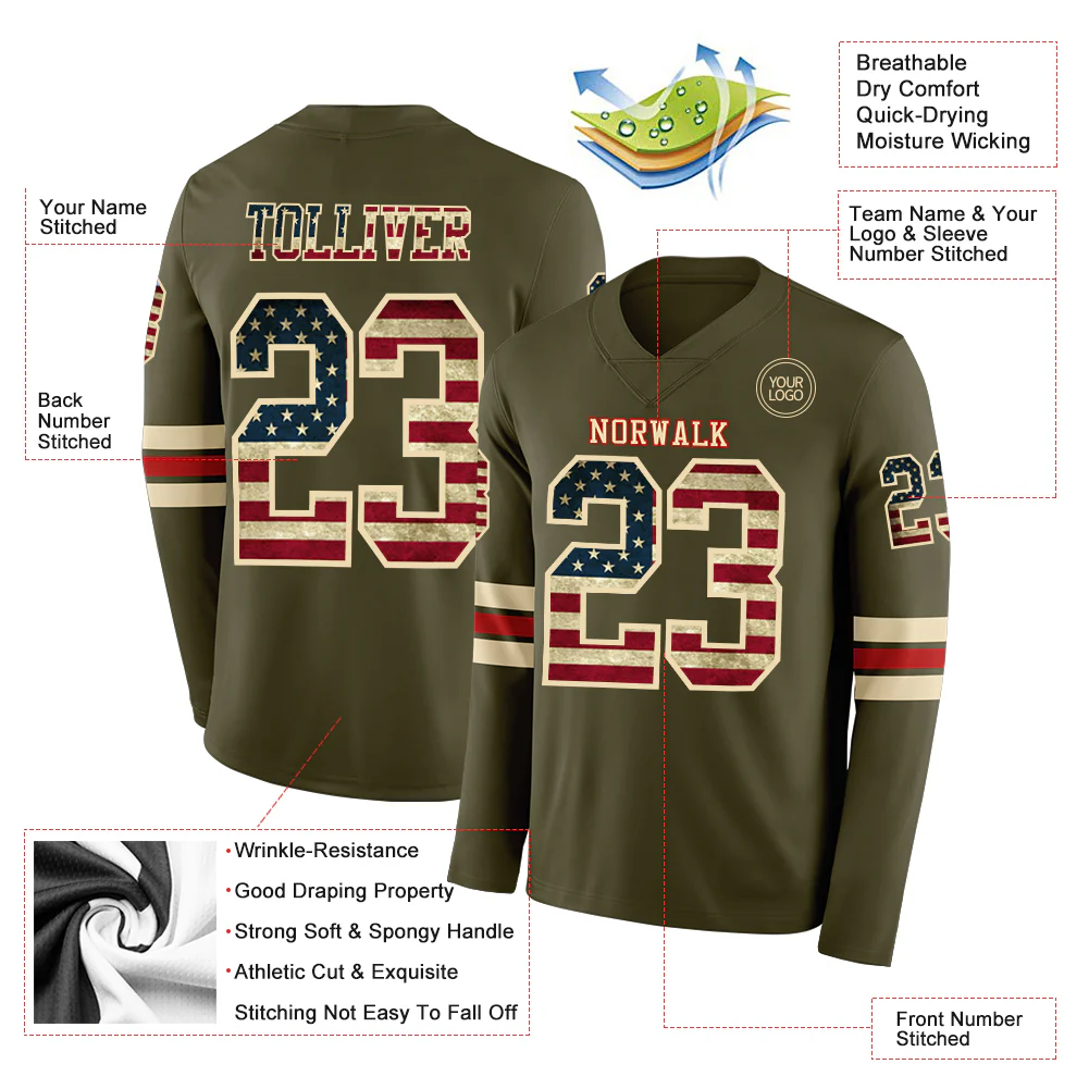 Custom Olive Vintage USA Flag Cream-Red Long Sleeve Salute To Service Authentic Football Jersey - Image 2