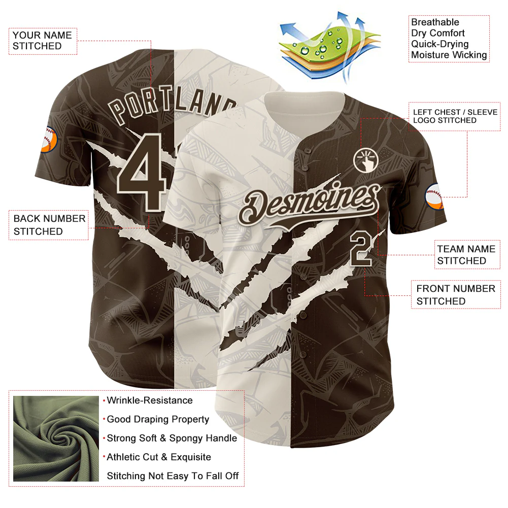Custom Graffiti Pattern Brown-Cream 3D Scratch Authentic Baseball Jersey - Image 3