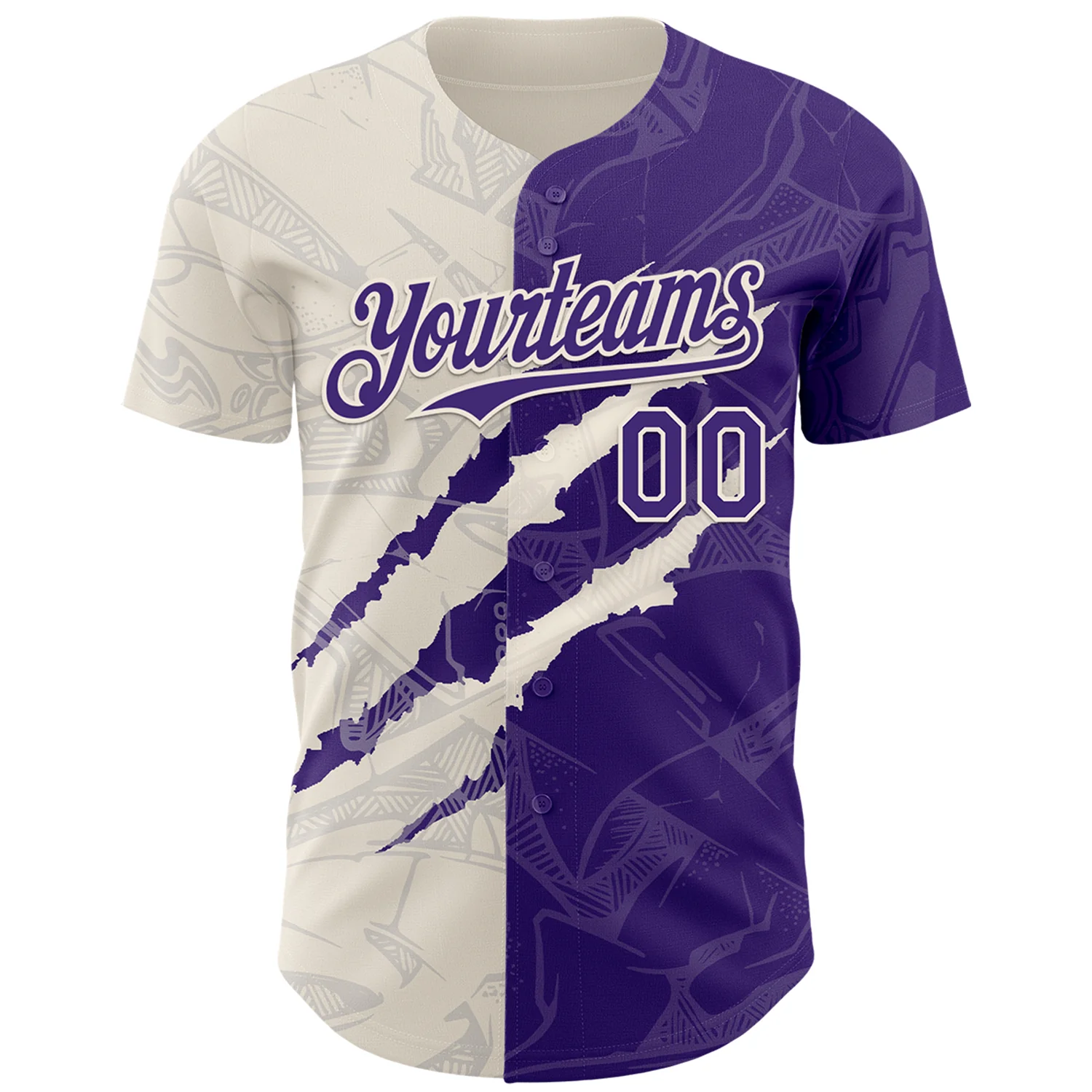 Custom Graffiti Pattern Purple-Cream 3D Scratch Authentic Baseball Jersey - Image 2