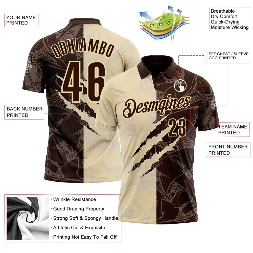 Custom Graffiti Pattern Brown-Cream 3D Scratch Performance Polo Shirt - Image 3