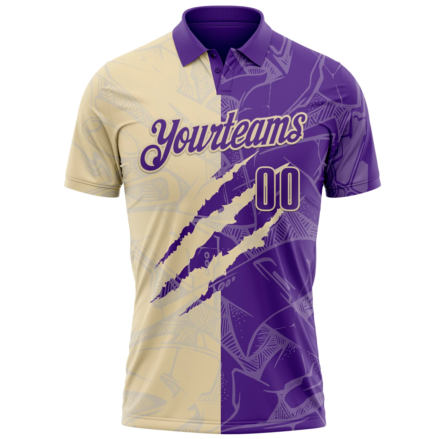 Custom Graffiti Pattern Purple-Cream 3D Scratch Performance Polo Shirt - Image 2