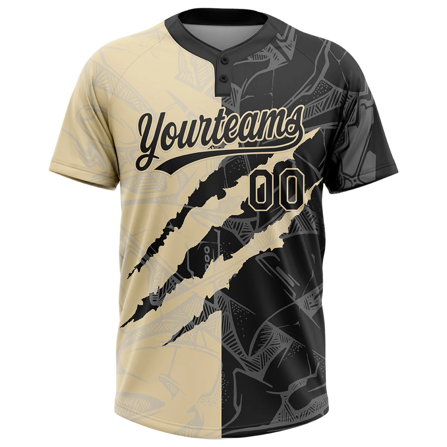 Custom Graffiti Pattern Black-Cream 3D Scratch Two-Button Unisex Softball Jersey - Image 2