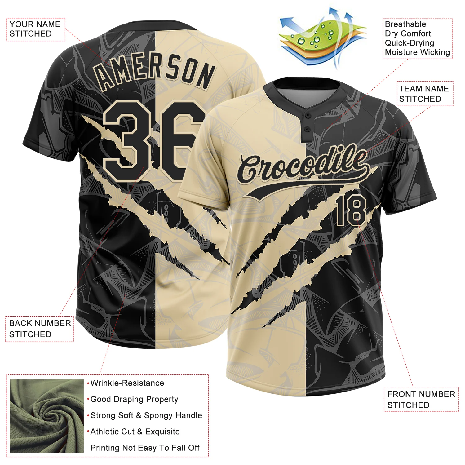 Custom Graffiti Pattern Black-Cream 3D Scratch Two-Button Unisex Softball Jersey - Image 3