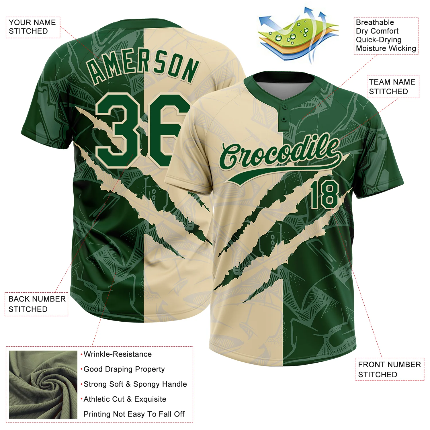 Custom Graffiti Pattern Green-Cream 3D Scratch Two-Button Unisex Softball Jersey - Image 3
