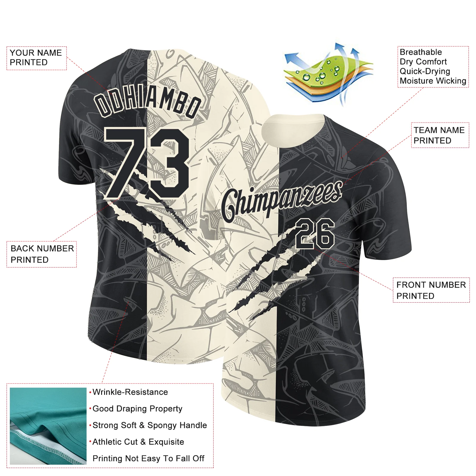 Custom Graffiti Pattern Black-Cream Scratch 3D Performance T-Shirt - Image 2