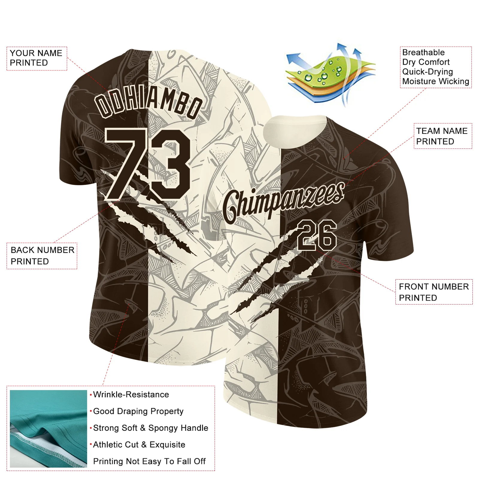 Custom Graffiti Pattern Brown-Cream Scratch 3D Performance T-Shirt - Image 2