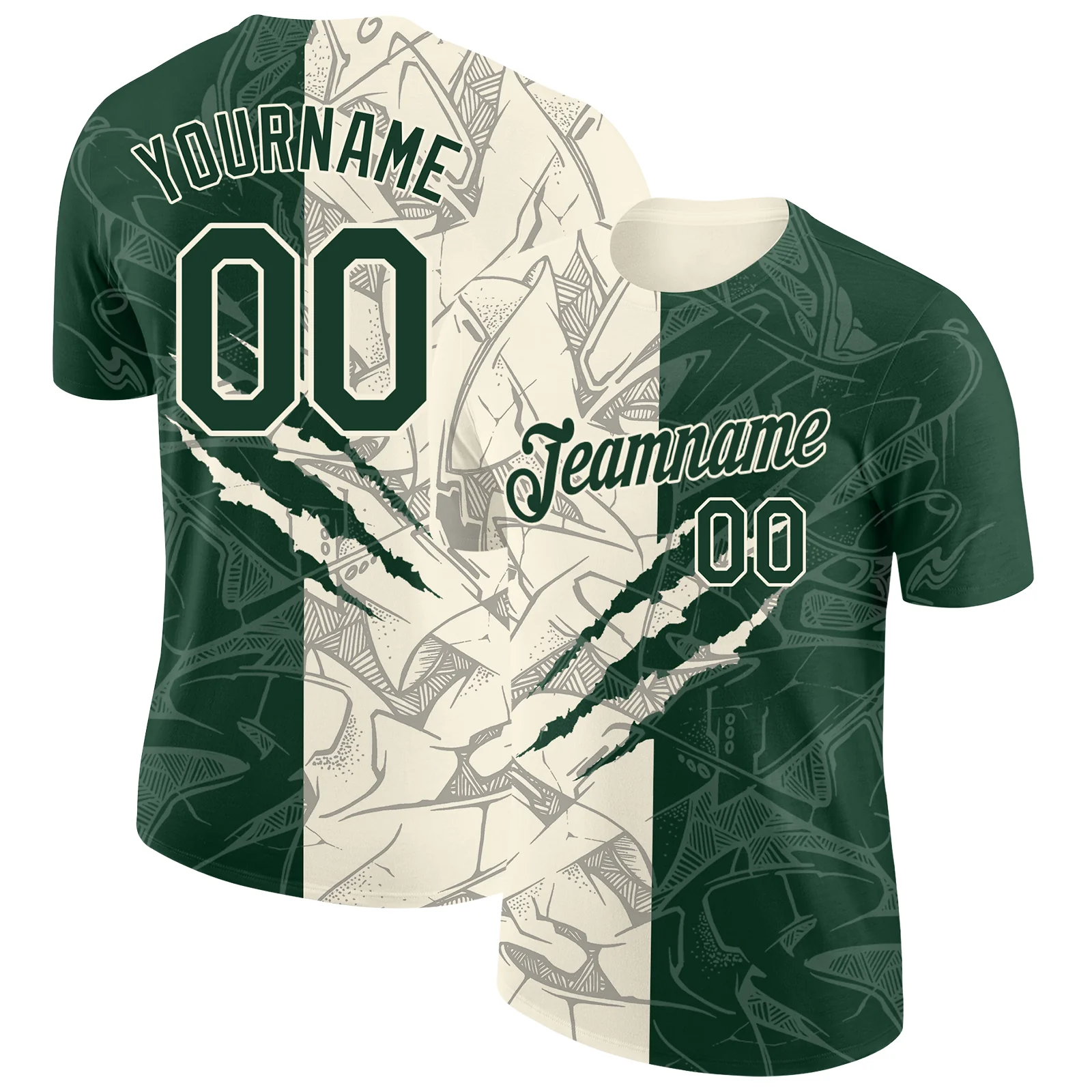 Custom Graffiti Pattern Green-Cream Scratch 3D Performance T-Shirt