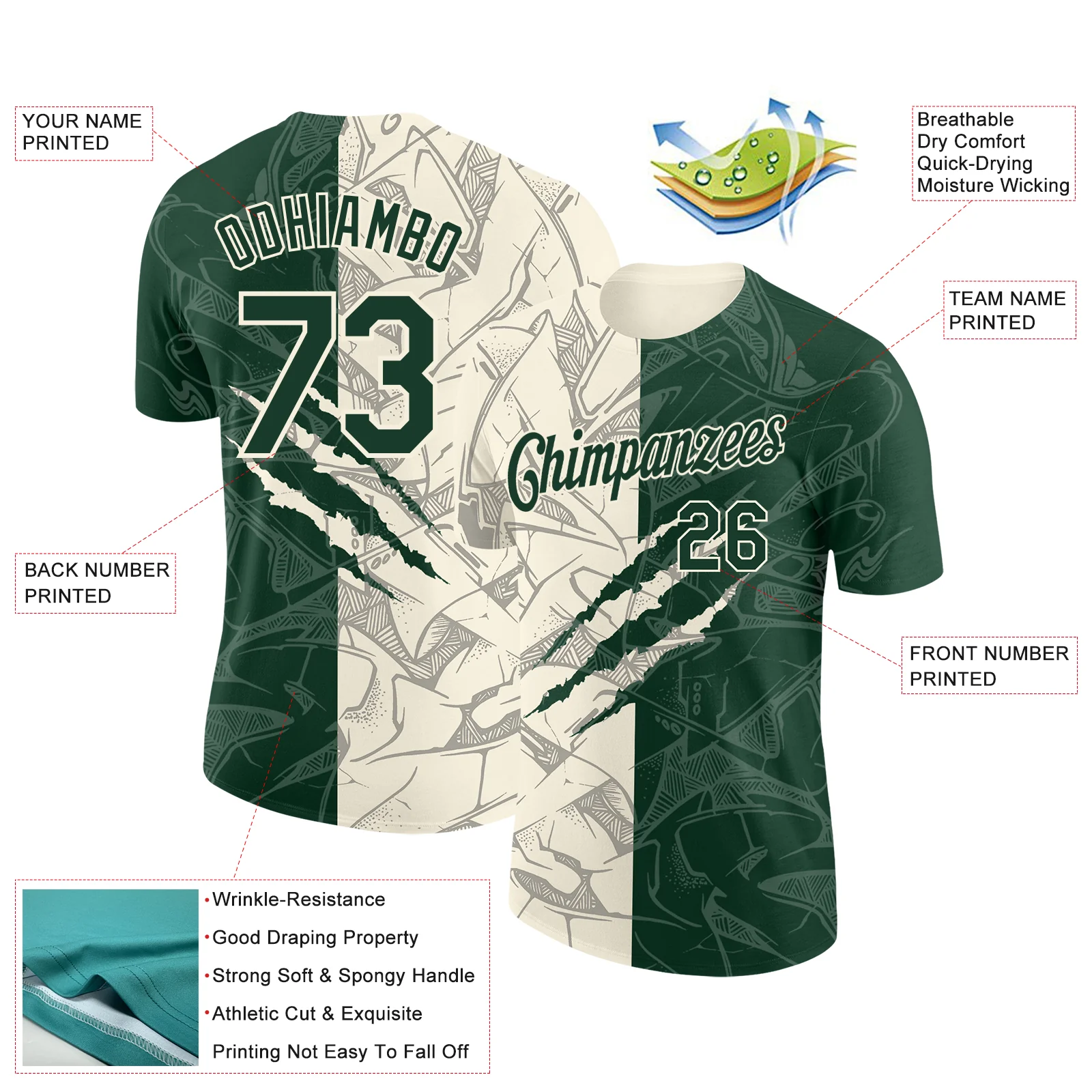 Custom Graffiti Pattern Green-Cream Scratch 3D Performance T-Shirt - Image 2