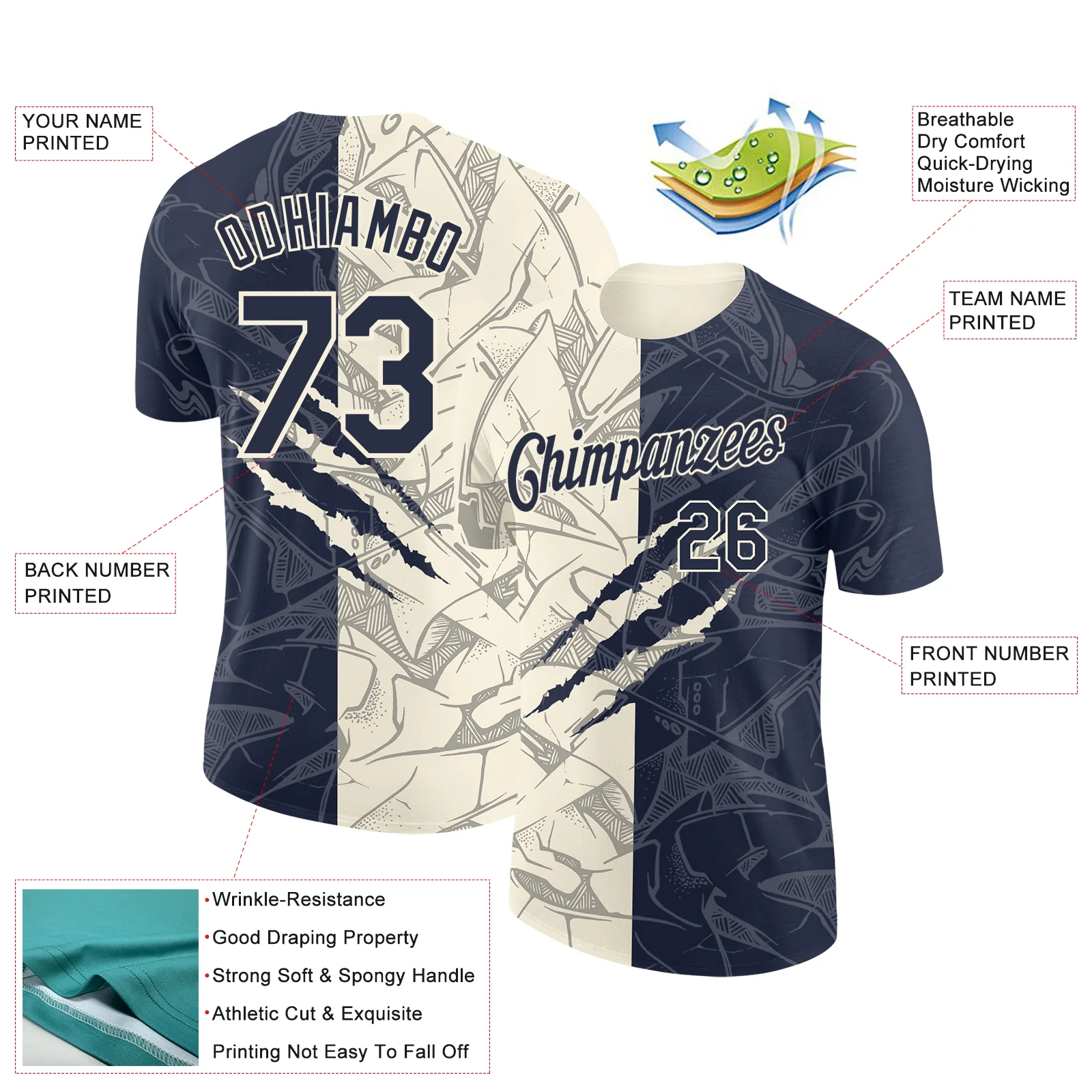 Custom Graffiti Pattern Navy-Cream Scratch 3D Performance T-Shirt - Image 2