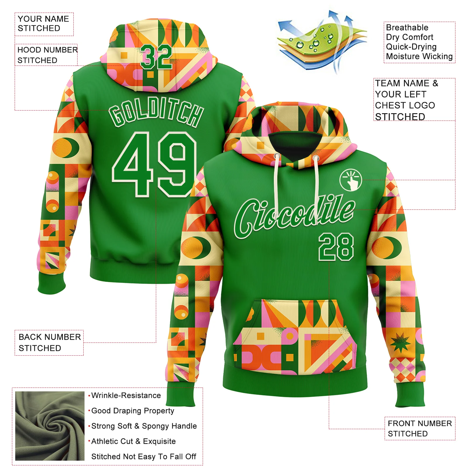 Custom Stitched Grass Green Cream 3D Ambartive Abstract Geometric Pattern Sports Pullover Sweatshirt Hoodie - Image 2