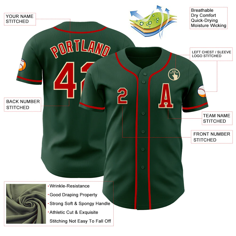 Custom Green Red-Cream Authentic Baseball Jersey - Image 2