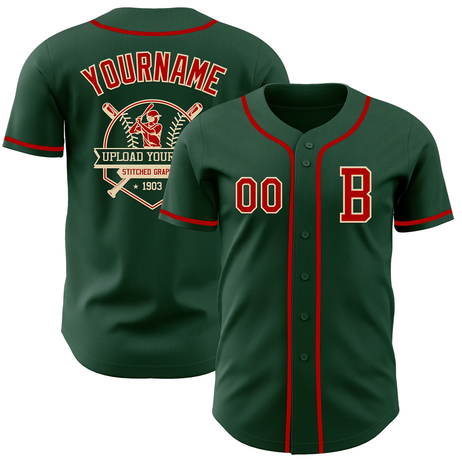 Custom Green Red-Cream Authentic Baseball Jersey - Image 5