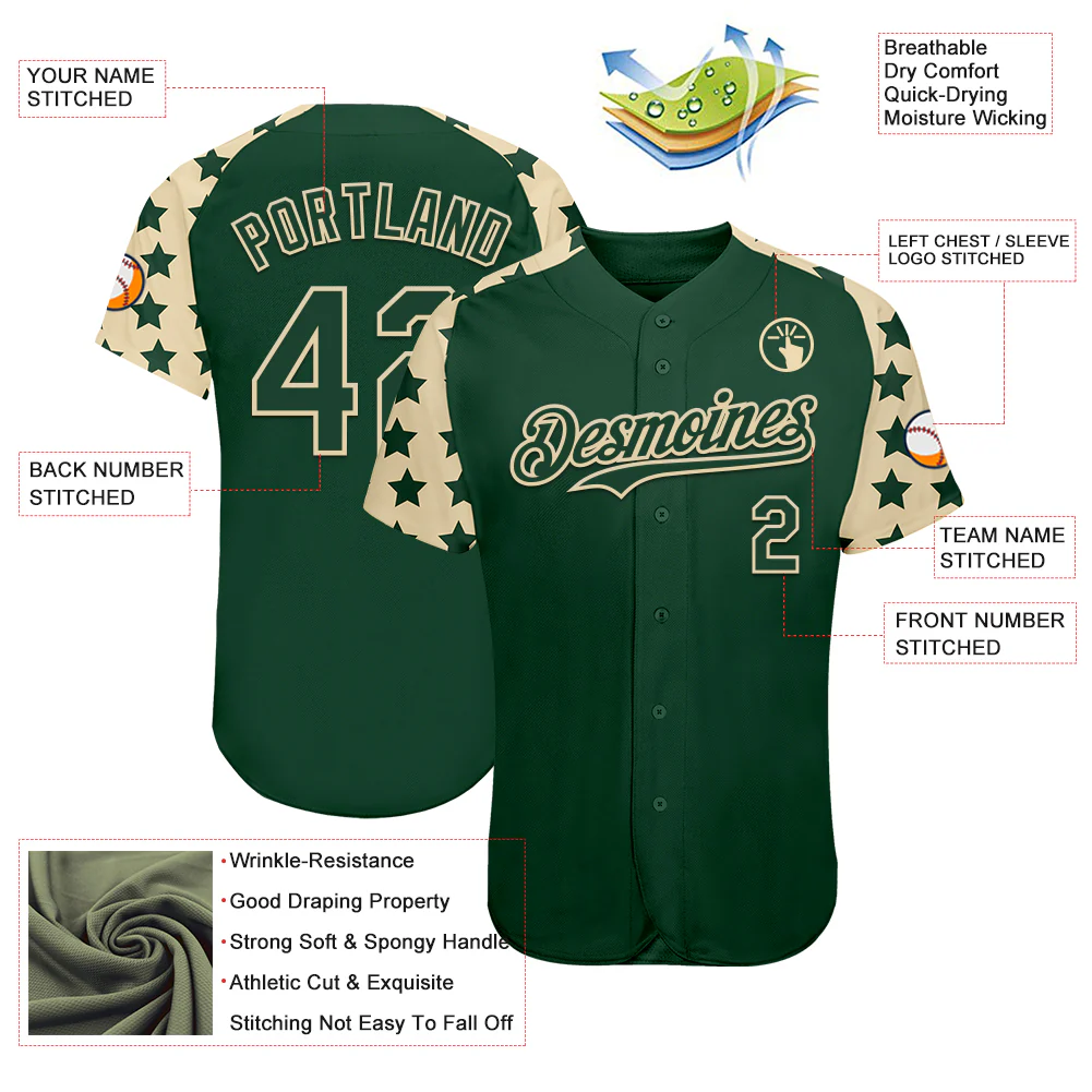 Custom Green Cream Star Raglan Sleeves Authentic Baseball Jersey - Image 3