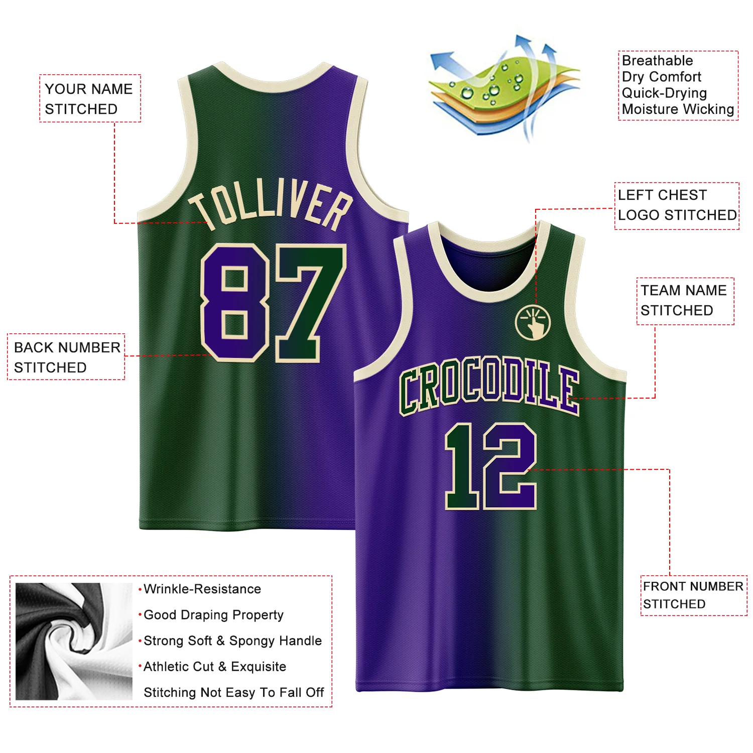 Custom Green Purple-Cream Authentic Gradient Fashion Basketball Jersey - Image 3