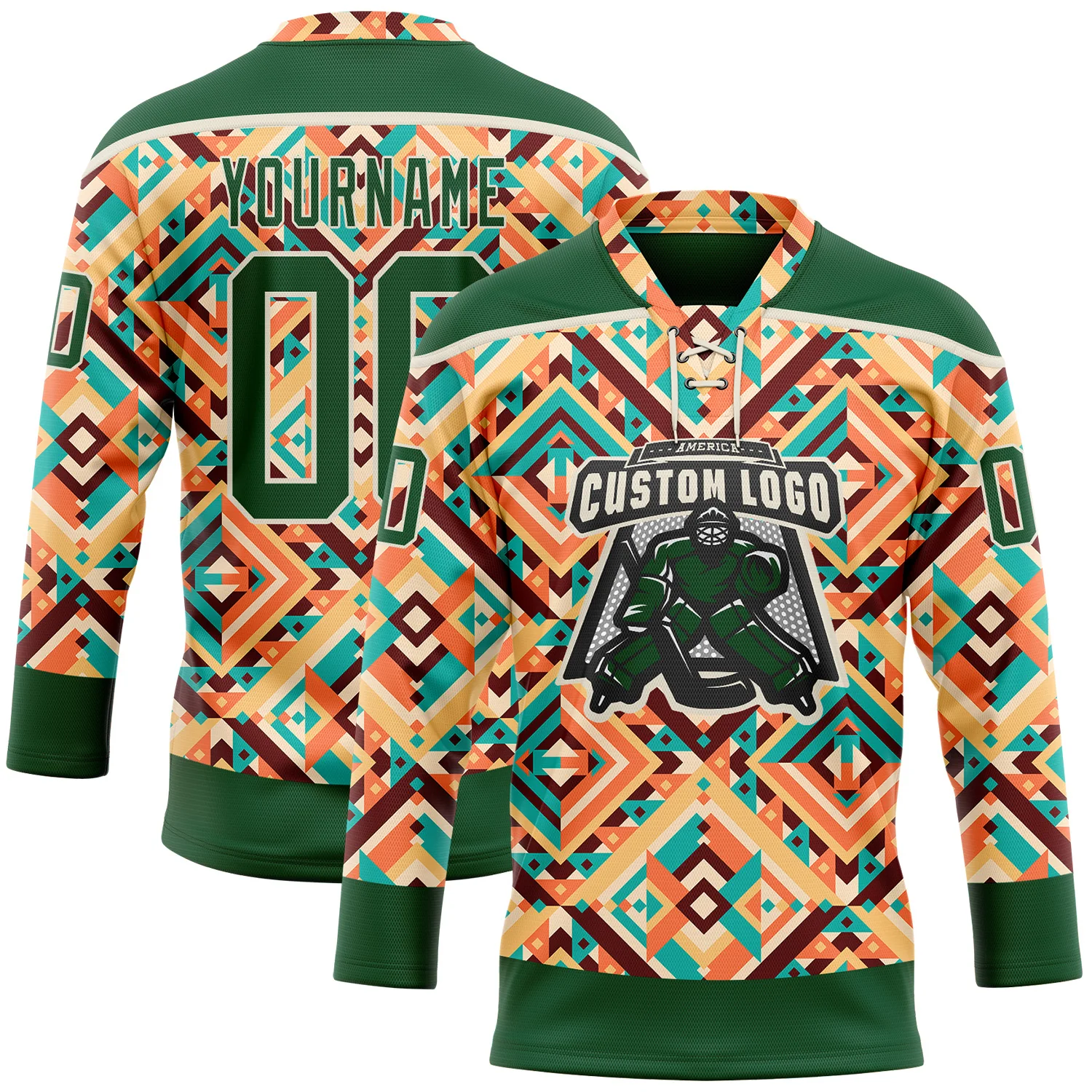 Custom Green Cream 3D Pattern Native Americans Tribal Indigenous People Hockey Lace Neck Jersey - Image 2