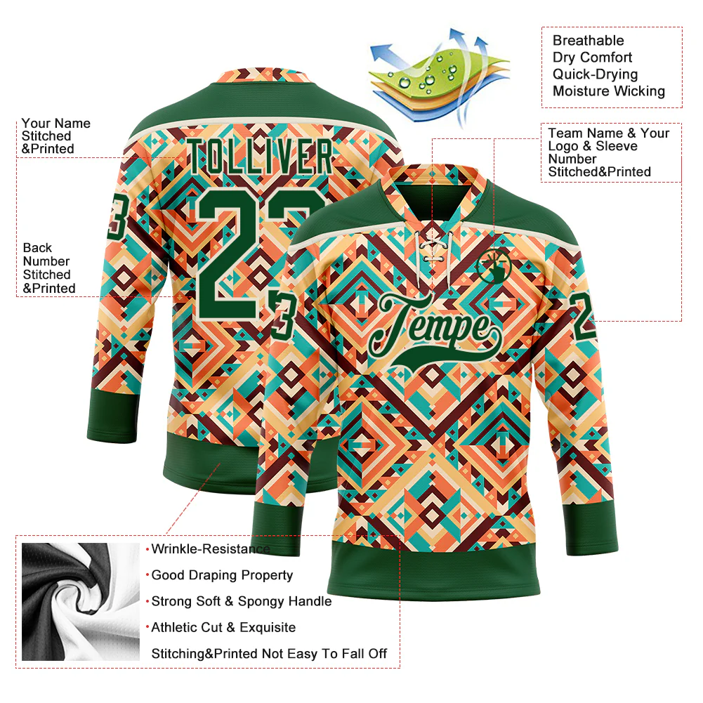 Custom Green Cream 3D Pattern Native Americans Tribal Indigenous People Hockey Lace Neck Jersey - Image 5
