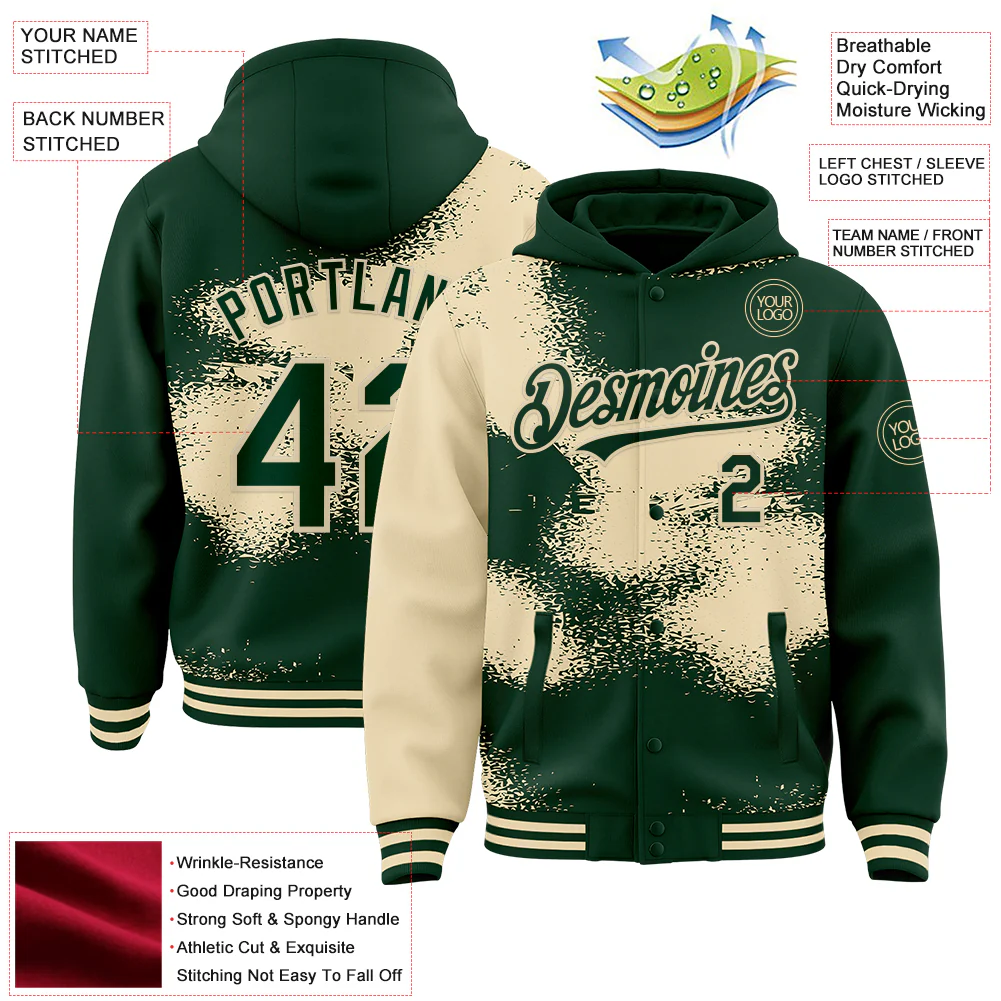 Custom Green Cream Abstract Color Blocks Fragment Pattern Bomber Full-Snap Varsity Letterman Hoodie Jacket - Image 4