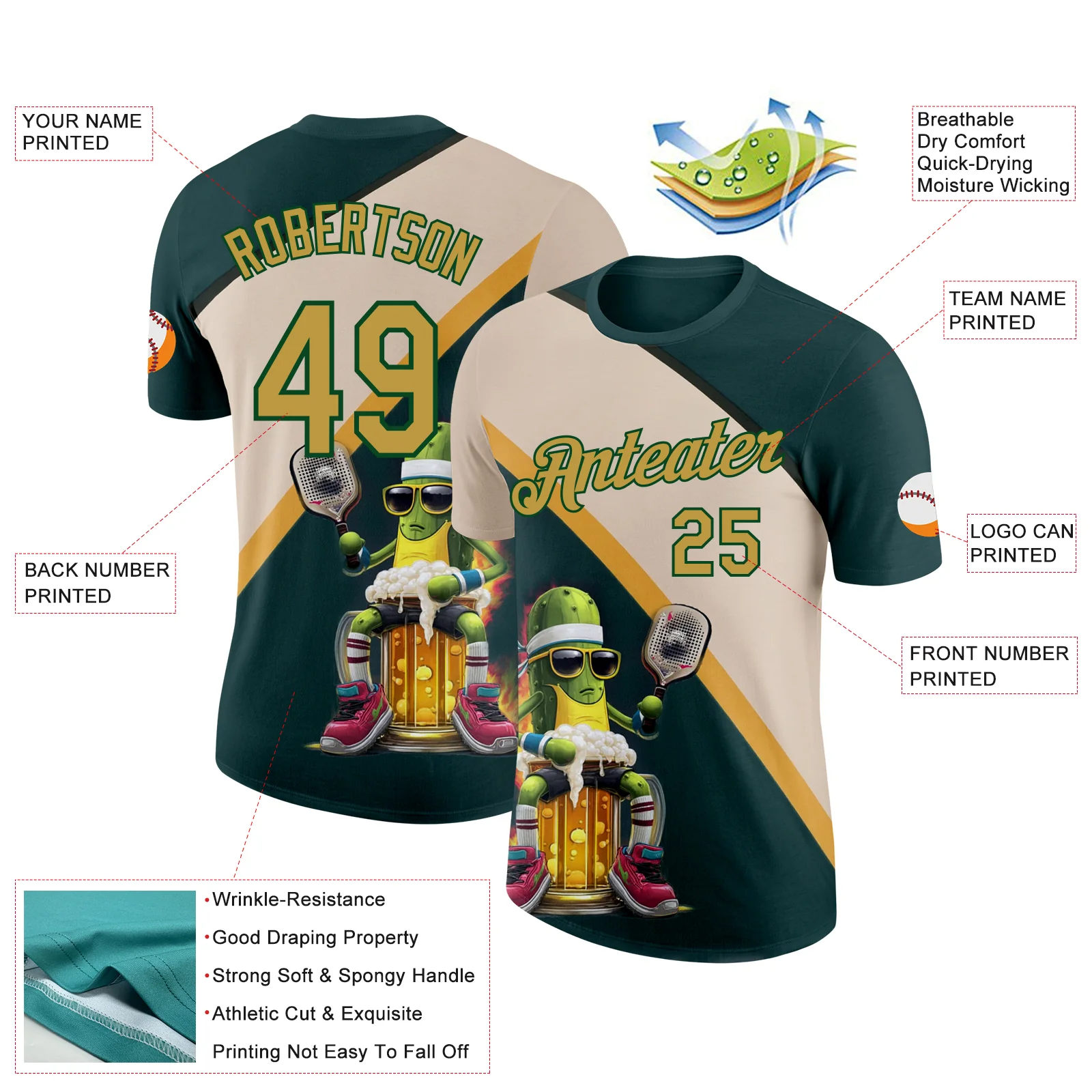 Custom Green Old Gold-Cream 3D Funny Pickleball Paddles Balls Beer Performance T-Shirt - Image 2