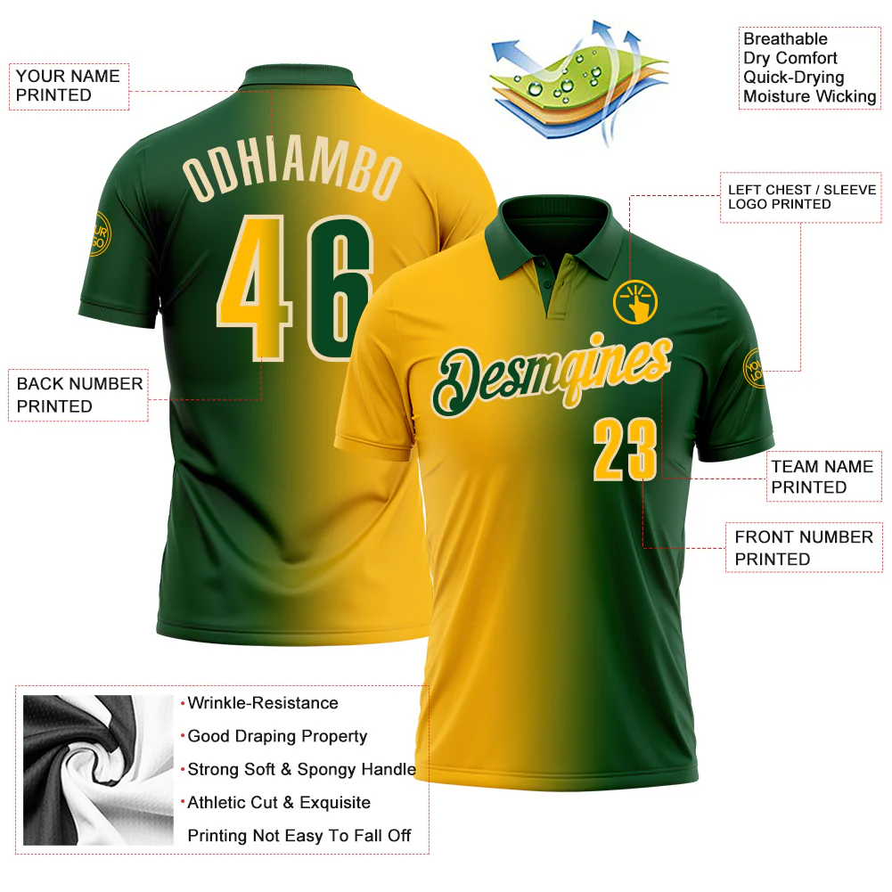 Custom Green Gold-Cream 3D Gradient Fashion Performance Polo Shirt - Image 3