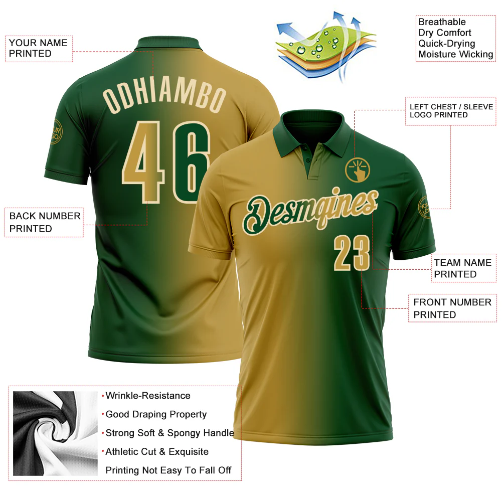 Custom Green Old Gold-Cream 3D Gradient Fashion Performance Polo Shirt - Image 3