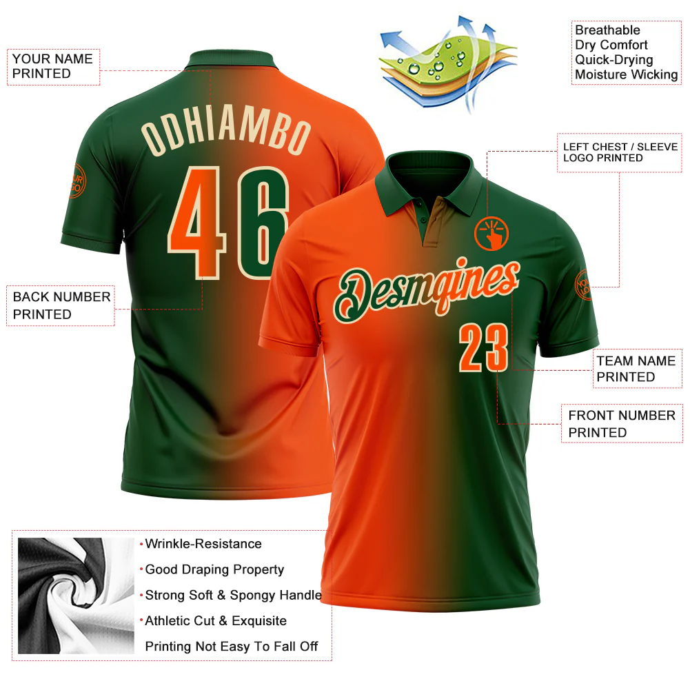 Custom Green Orange-Cream 3D Gradient Fashion Performance Polo Shirt - Image 3