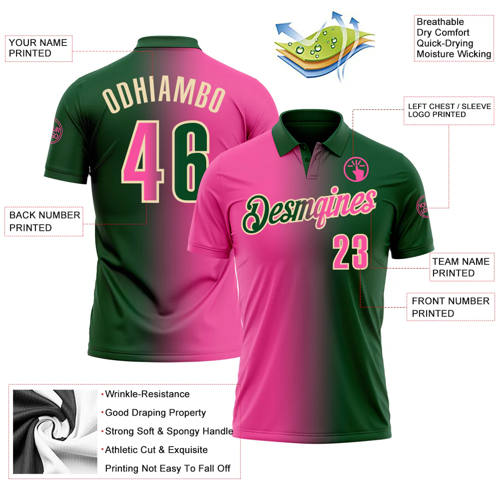Custom Green Pink-Cream 3D Gradient Fashion Performance Polo Shirt - Image 3