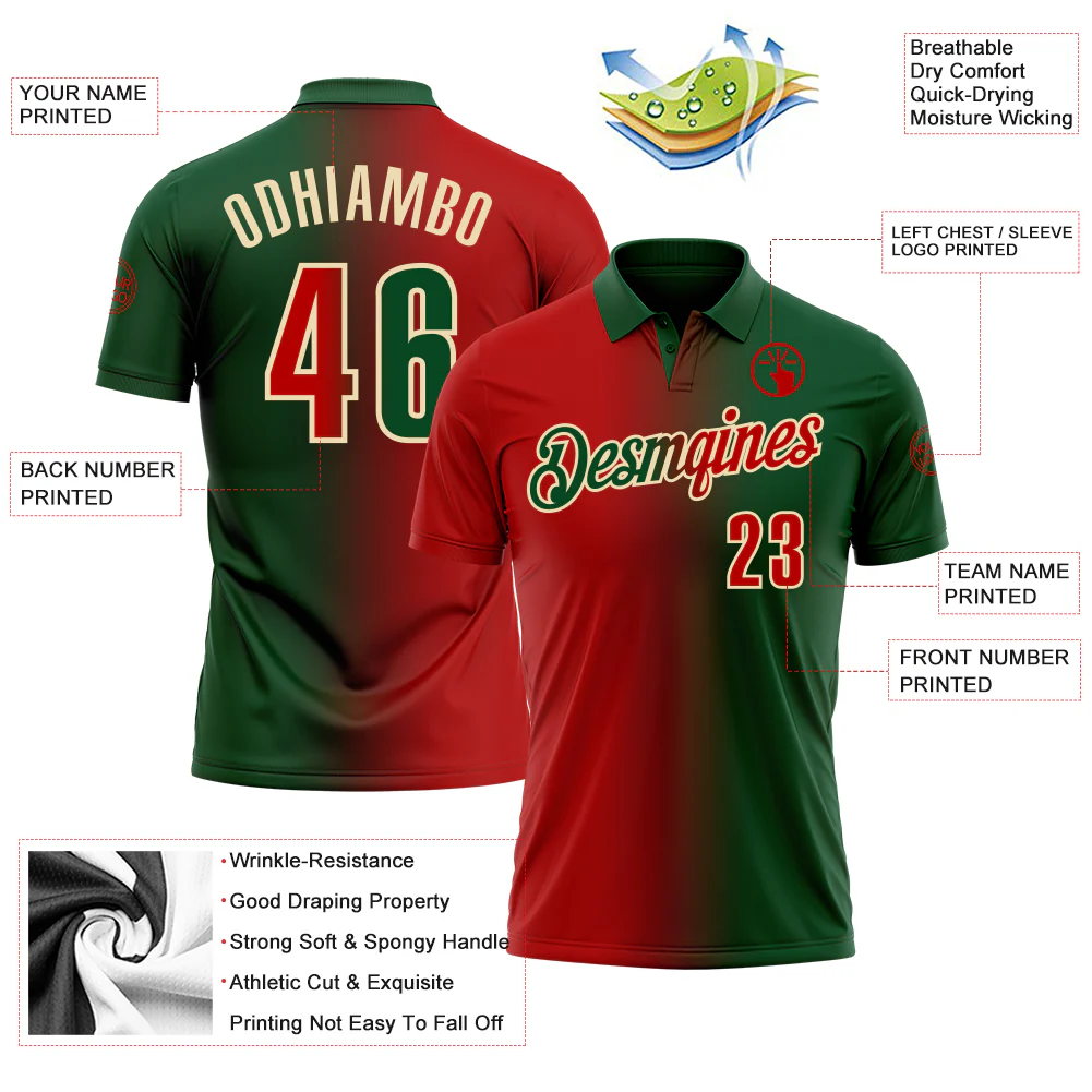 Custom Green Red-Cream 3D Gradient Fashion Performance Polo Shirt - Image 3