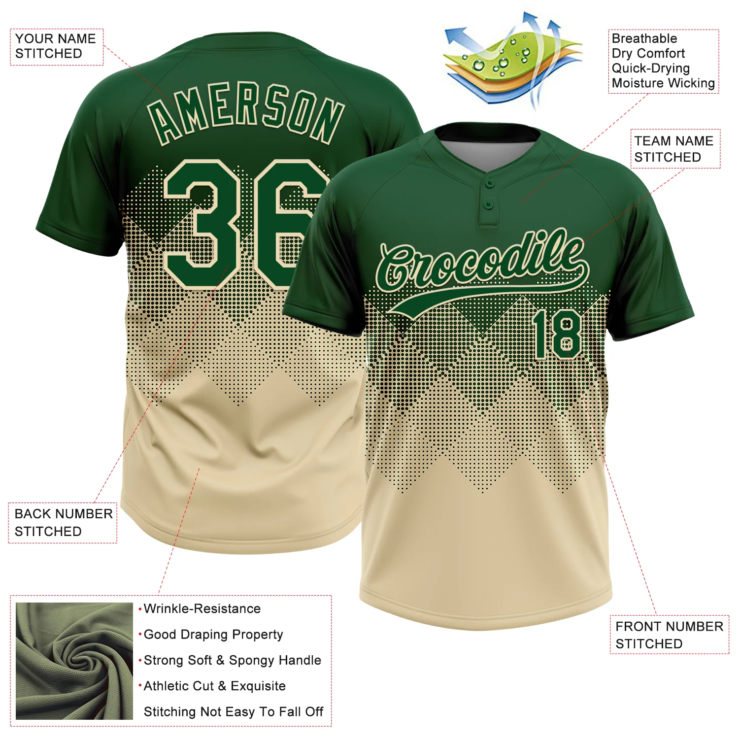 Custom Green Cream 3D Gradient Square Shape Two-Button Unisex Softball Jersey - Image 3