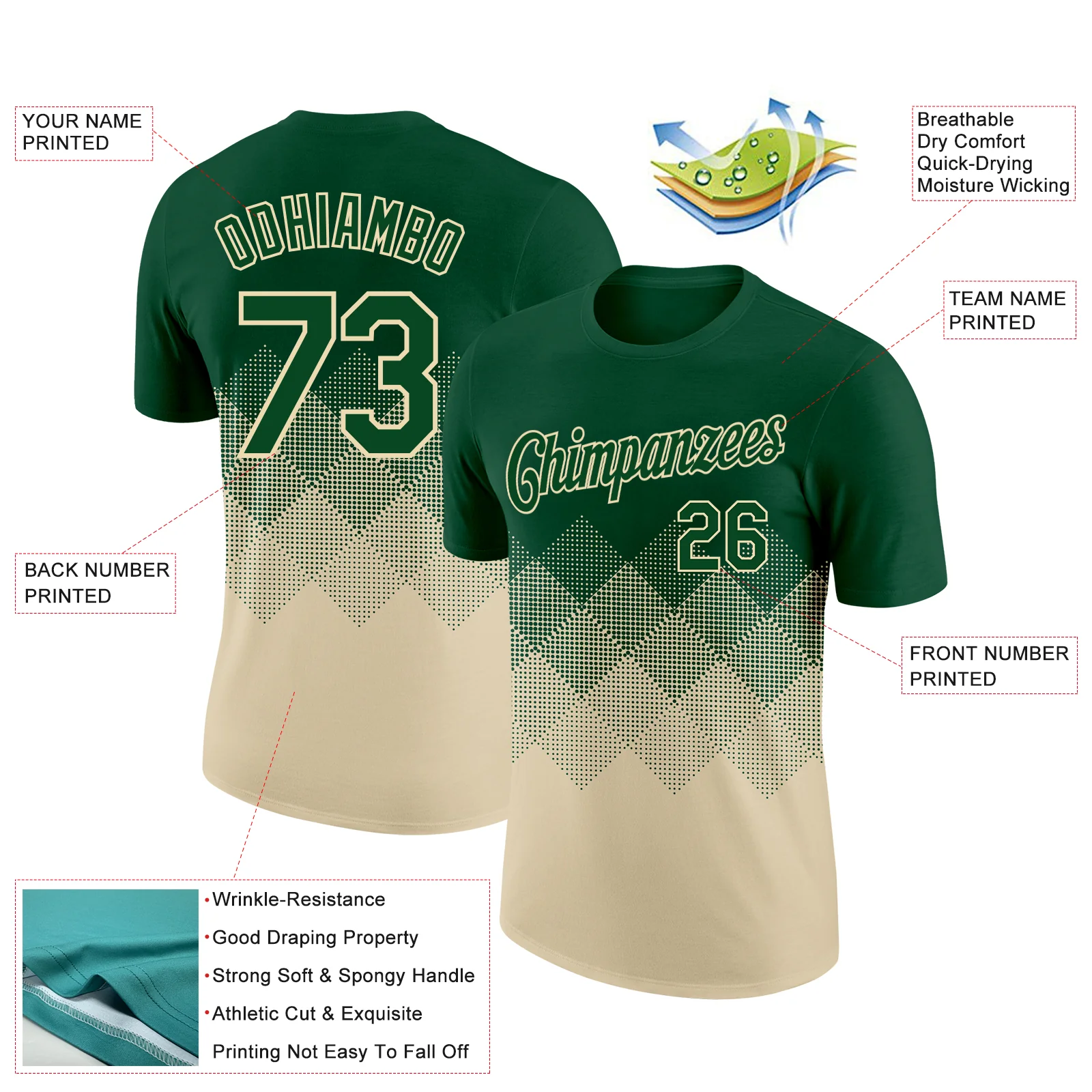 Custom Green Cream 3D Pattern Design Gradient Square Shapes Performance T-Shirt - Image 2