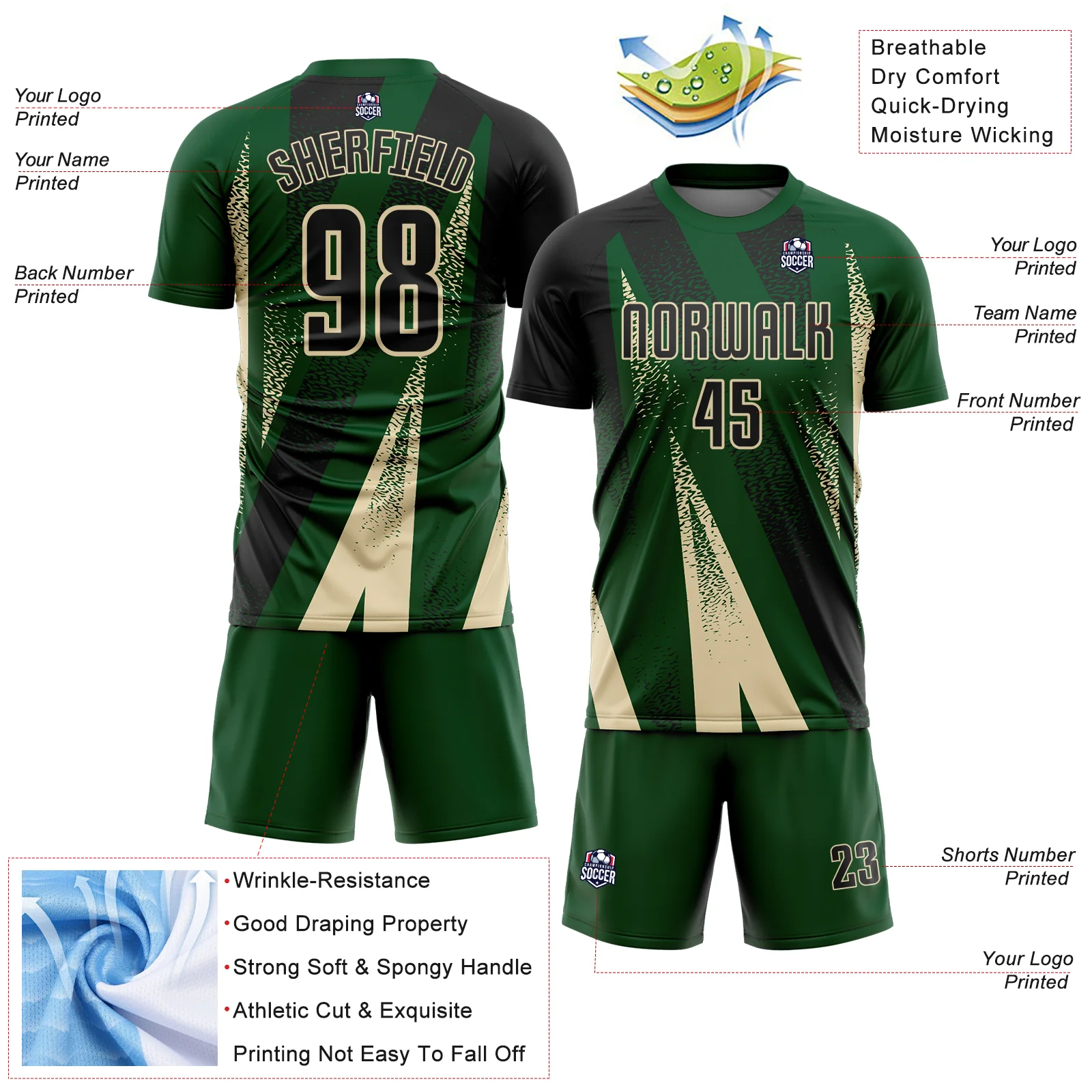 Custom Green Black-Cream Radial Burst Sports Sublimation Soccer Uniform Jersey - Image 4