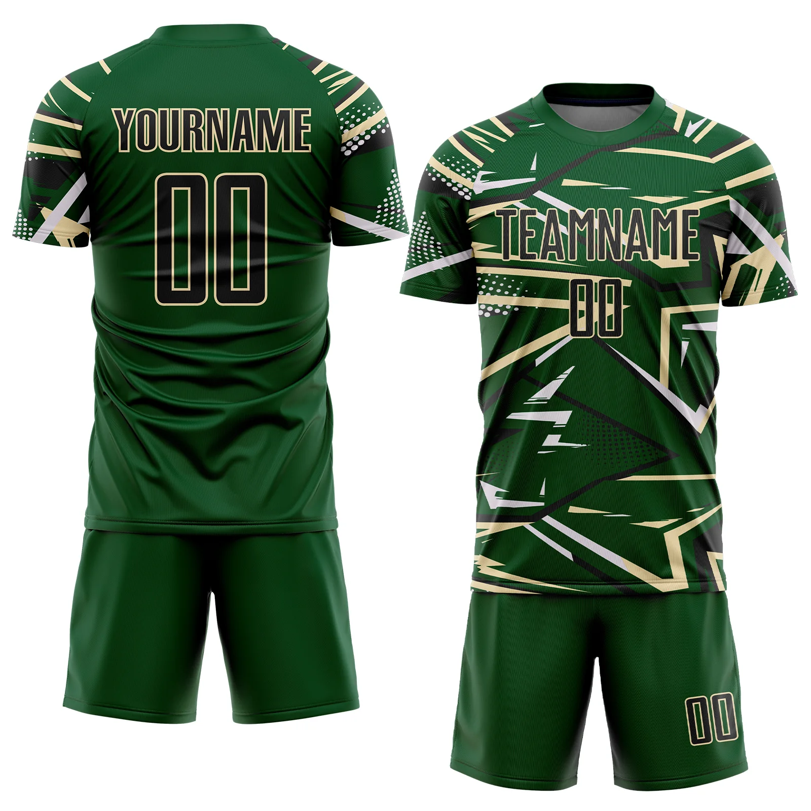 Custom Green Black Cream-White Abstract Geometric Stripes Sports Sublimation Soccer Uniform Jersey - Image 2
