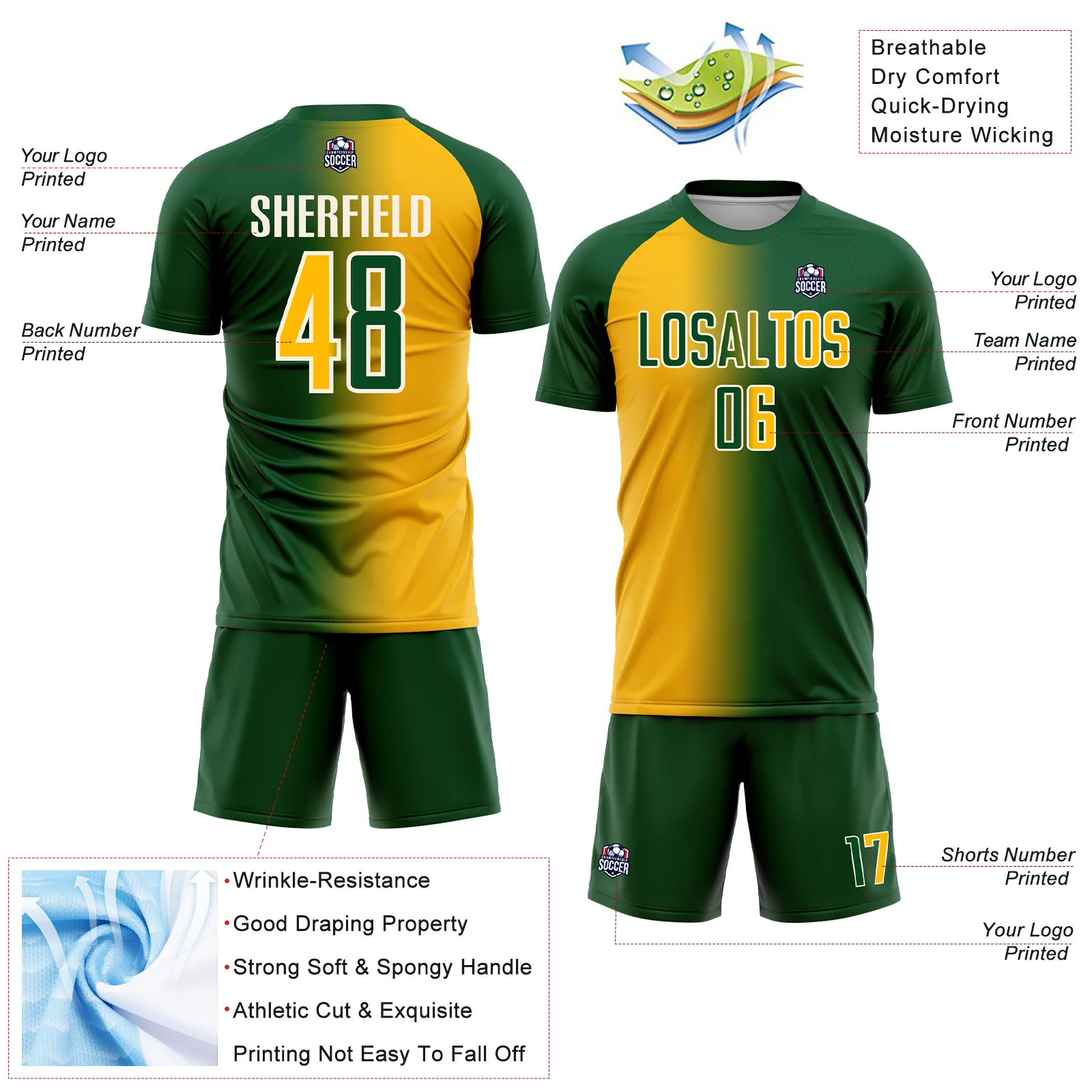 Custom Green Gold-Cream Sublimation Gradient Fashion Soccer Uniform Jersey - Image 4
