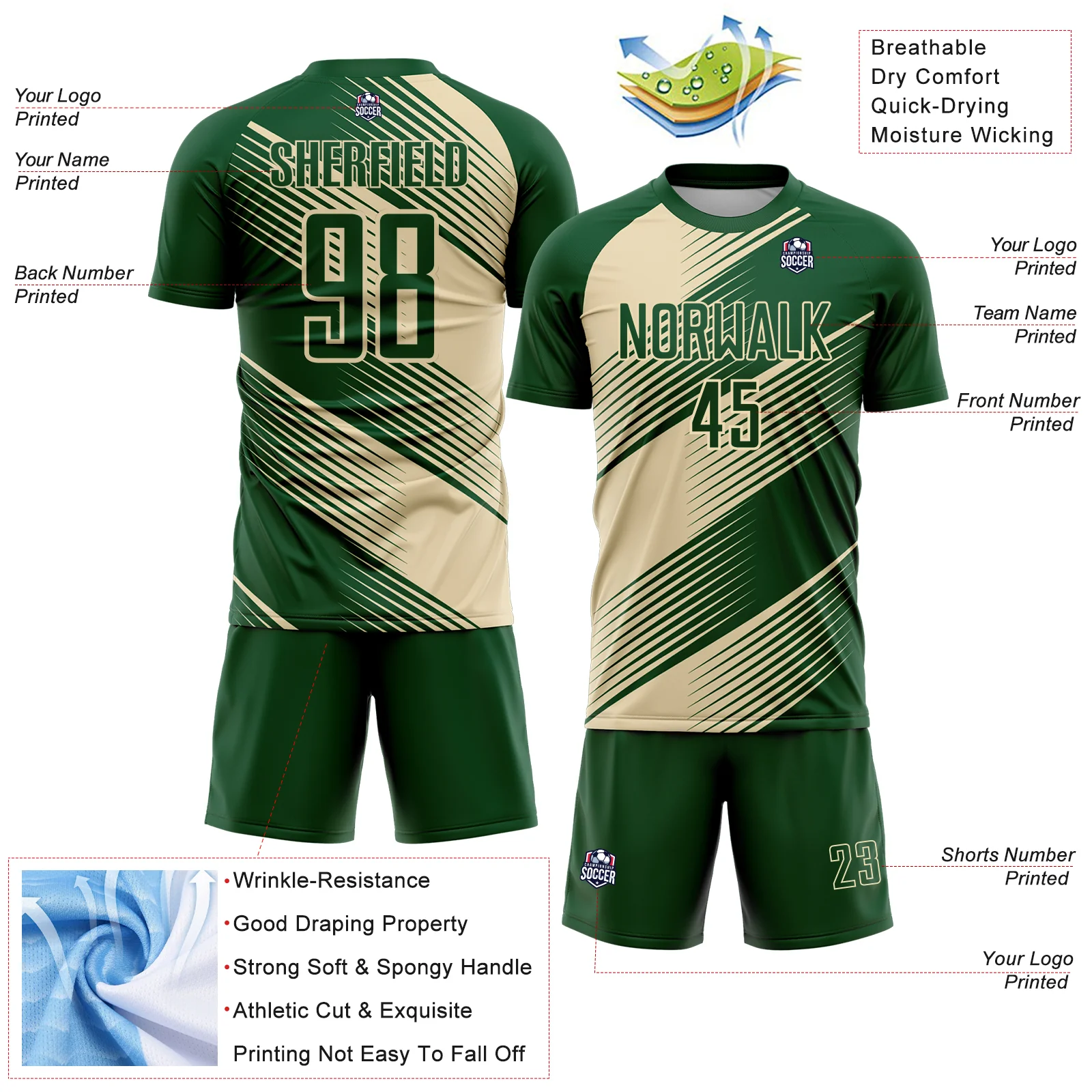Custom Green Cream Line Sublimation Soccer Uniform Jersey - Image 4