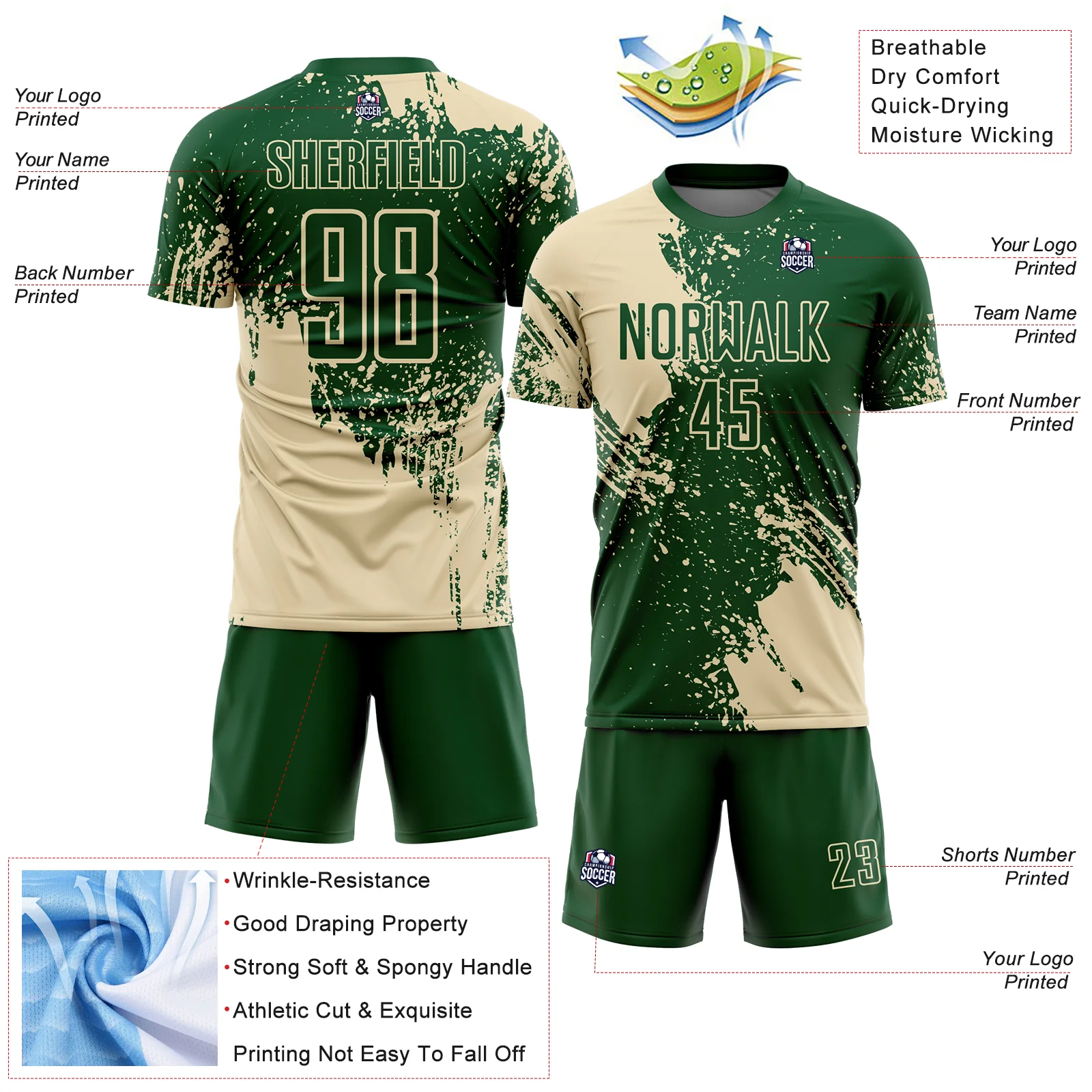 Custom Green Cream Abstract Brush Stroke Sports Sublimation Soccer Uniform Jersey - Image 4