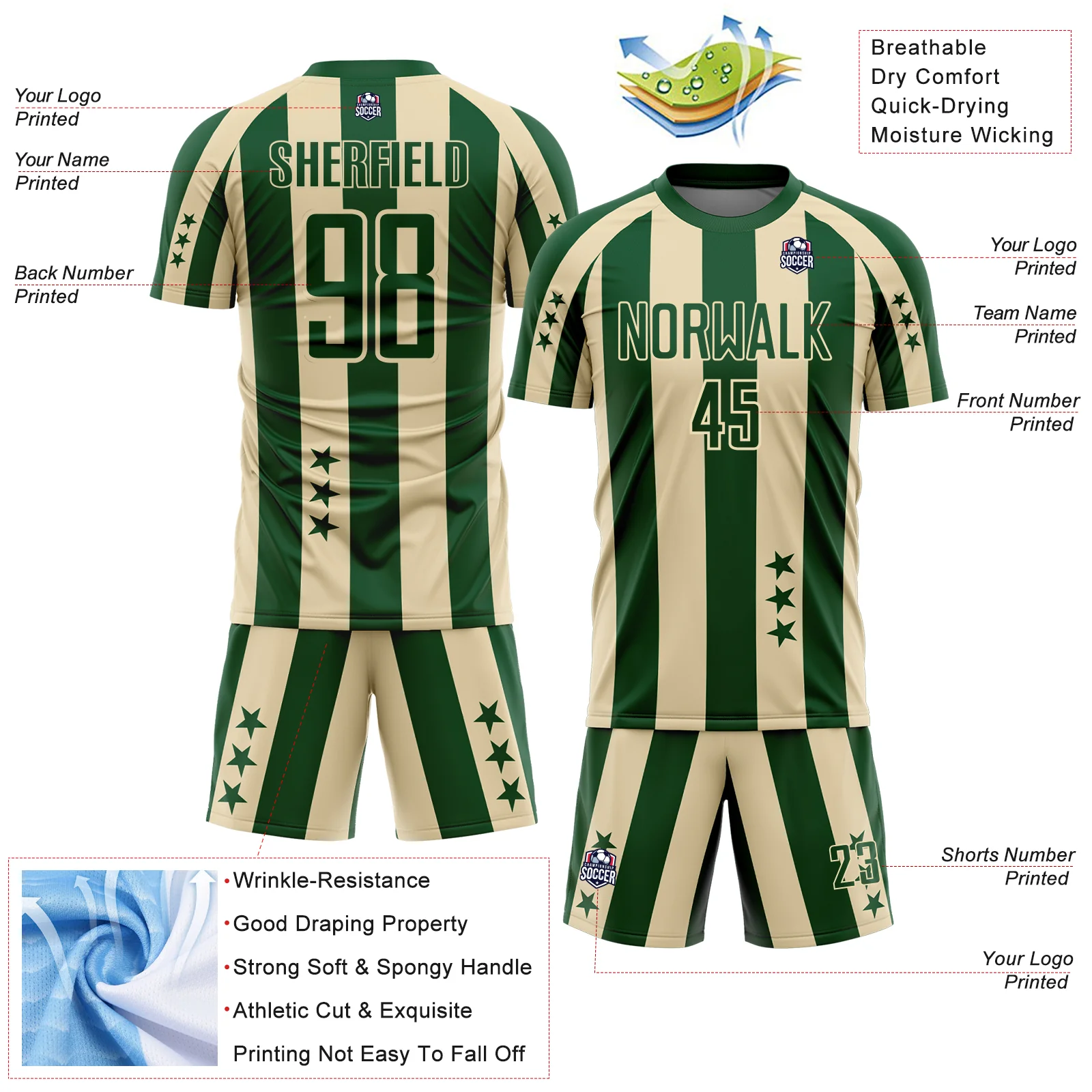 Custom Green Cream Stars And Stripes Sports Sublimation Soccer Uniform Jersey - Image 4
