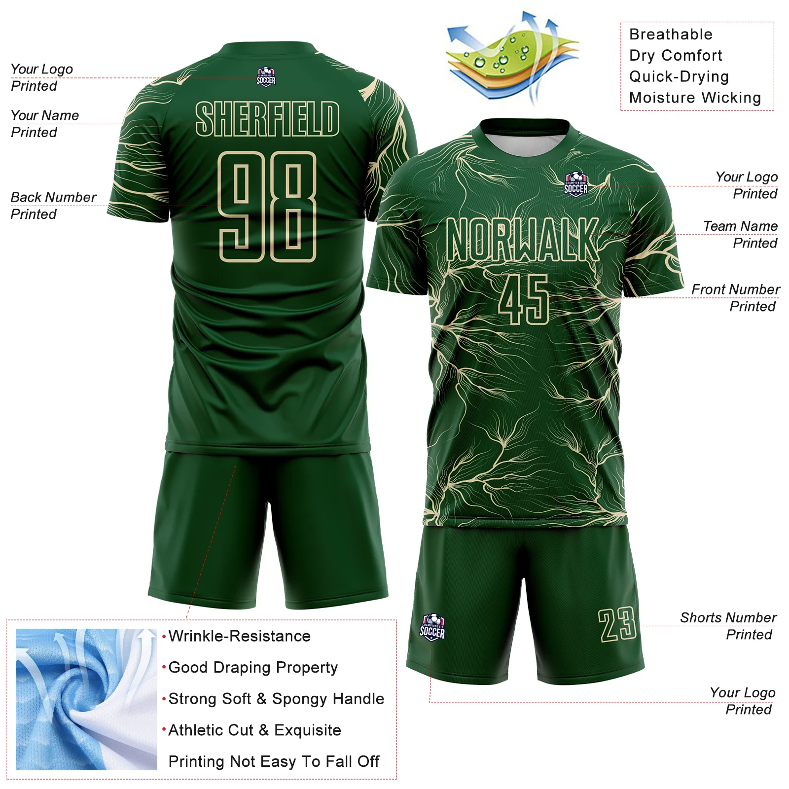 Custom Green Cream Lightning Electric Veins Sublimation Soccer Uniform Jersey - Image 4